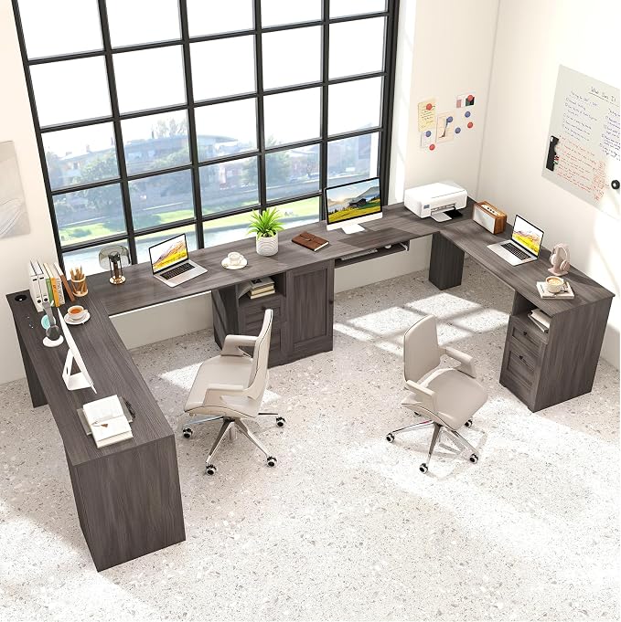 Giantex 66" L-Shaped Desk with Storage Drawers & Charging Station, Spacious Corner Computer Desk with Keyboard Tray, Adjustable Shelf, Cabinet, Huge Workspace Home Office Study Writing Desk (Grey Oak)
