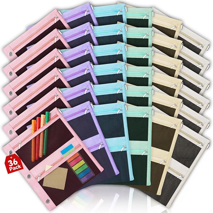 Lanpn 36 Pcs Pencil Pouch for 3 Ring Binder, 3 Pocket Zipper Binder Pouch Bulk, 9"x11" Binders Pencil Case, Pastel School Supplies for Girl Boy Student, Reinforced Grommets, Clear Window, Micro Mesh