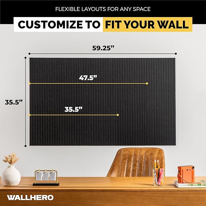 Large Bulletin Board, Tack Board, 59"x36" | 15 Pack | Wall Pin Board, Cork Board Alternative for Walls, Tablero de Corcho para Pared, Cord Board for Wall (Black Slats)