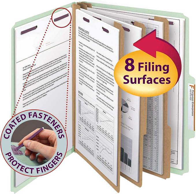 Smead Pressboard Classification File Folder with SafeSHIELD Fasteners, 3 Dividers, 3" Expansion, Letter Size, Gray/Green, 10 per Box (14091)