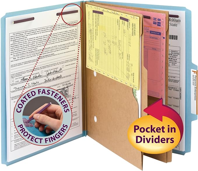 Smead Pressboard Classification File Folder with SafeSHIELD Fasteners, 2 Pocket Dividers, 2" Expansion, Letter Size, Blue, 10 per Box (14081)