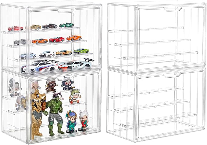 4 Layer Stackable Acrylic Figure Case for Collectibles Display Box,4 Pack | Removable Adjustable Partitions & Magnetic Door,Interlocking Stable Design,Dustproof Cover for Figurine Storage