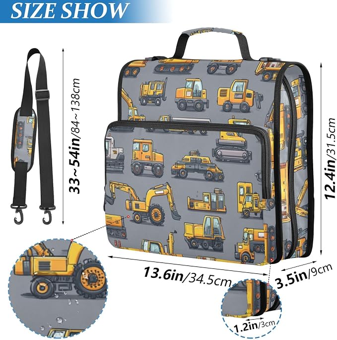 Fisyme Construction Excavator Trucks Zipper Binder 3 Ring with Zipper and Shoulder Strap Large Capacity Multi-Pocket Binder Organizer