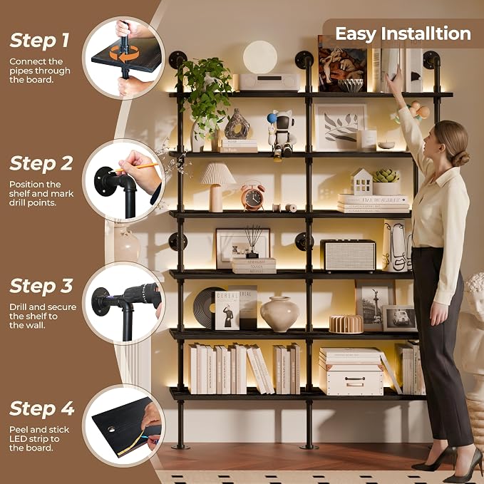 6-Tier LED Ladder Shelf, Wall Mounted Pipe Bookshelf, Black 60 Inch | Solid pine 6-tier wall mounted pipe bookshelf with warm LED lights, 70 lb shelves, for books, plants and decor