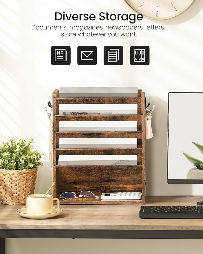Wall File Organizer, 6-Tier Vertical Mount Hanging Holder with 2 Side Hooks, Vintage Wooden Magazine Storage Crate with Bottom Flat Tray, Desk Organizer, for Office, Home, Rustic Brown MWJ01FG