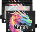 Custom Lightning Dragon Watercolor Pencil Pouch for 3 Ring Binder, 2 Pack Personalized Name Waterproof Pencil Bags Clear Window Pencil Case School Office Supplies