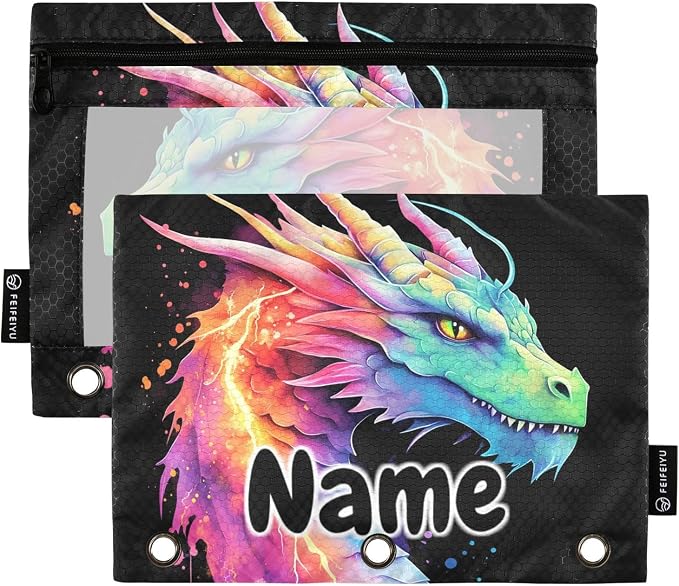 Custom Lightning Dragon Watercolor Pencil Pouch for 3 Ring Binder, 2 Pack Personalized Name Waterproof Pencil Bags Clear Window Pencil Case School Office Supplies