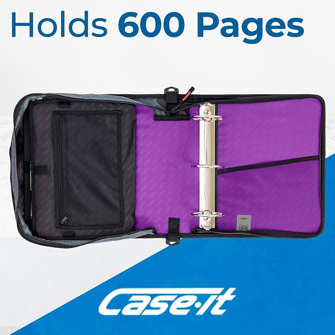 Case-it School Zipper Binder | 3" O-Rings | 600-Sheet | D-146 Deep Purple | Mighty Zip Tab, 5-Subject Expanding File Folder, Multiple Pockets, Storage Organizer, Shoulder Strap, 6-Pack, Office