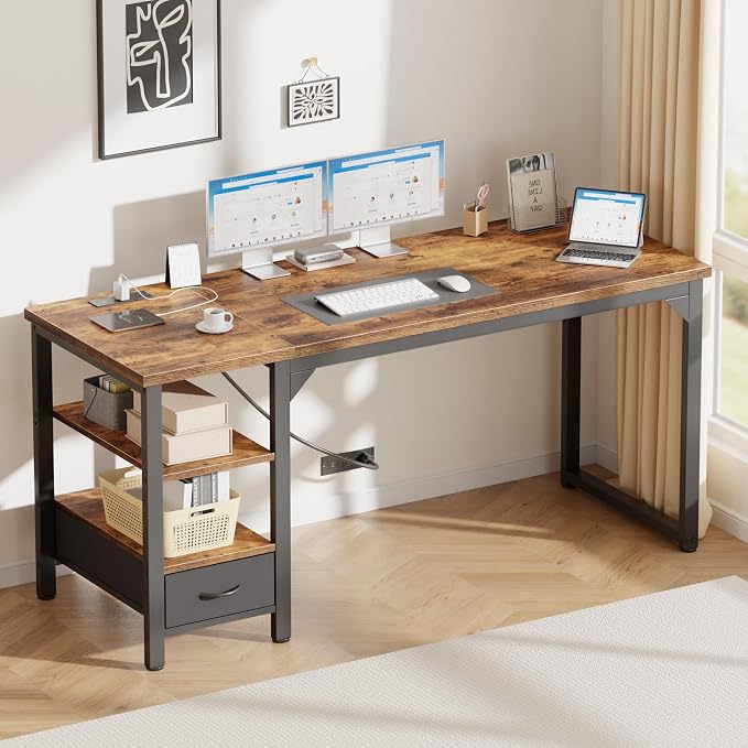 63" Computer Desk with Drawer, 1.2" Thick Reversible Office Desk | Modern Writing Table with Power Outlets & Storage Shelves, Heavy Duty Industrial Executive Desk for Home Bedroom Study Work