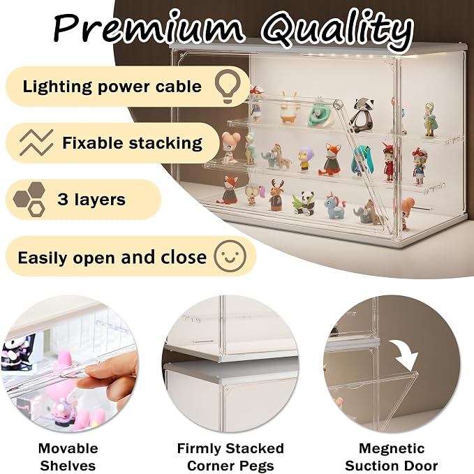 Clear Display Case for Collectibles, 3-Tier Stackable LED Figure Display Case with Magnetic Door, Adjustable Showcase for Models, Miniatures, Jewly (White, 8.8“H-1PC)
