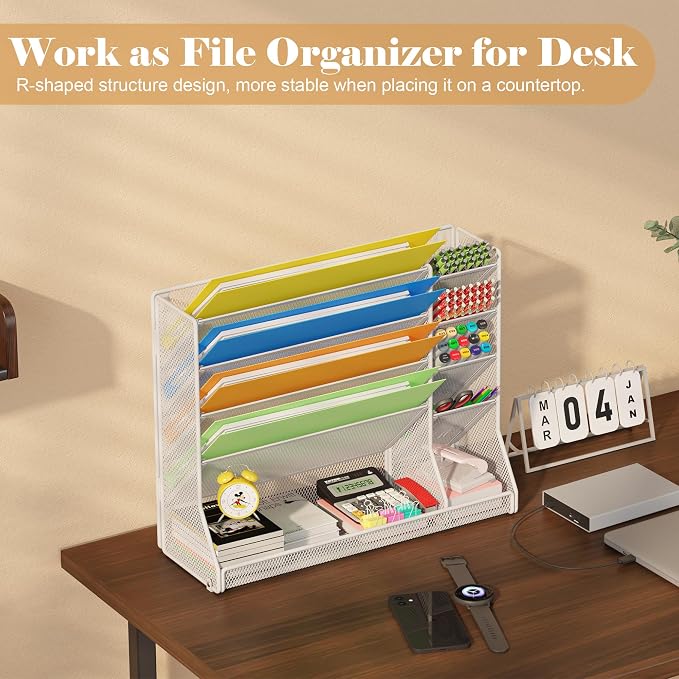 Jakyitvi Adjustable 5 Tiers Wall File Organizer Metal Hanging Holder White | 5 tiers desk paper organizer, folder holder wall mount, mail organizer for home office, hanging document tray