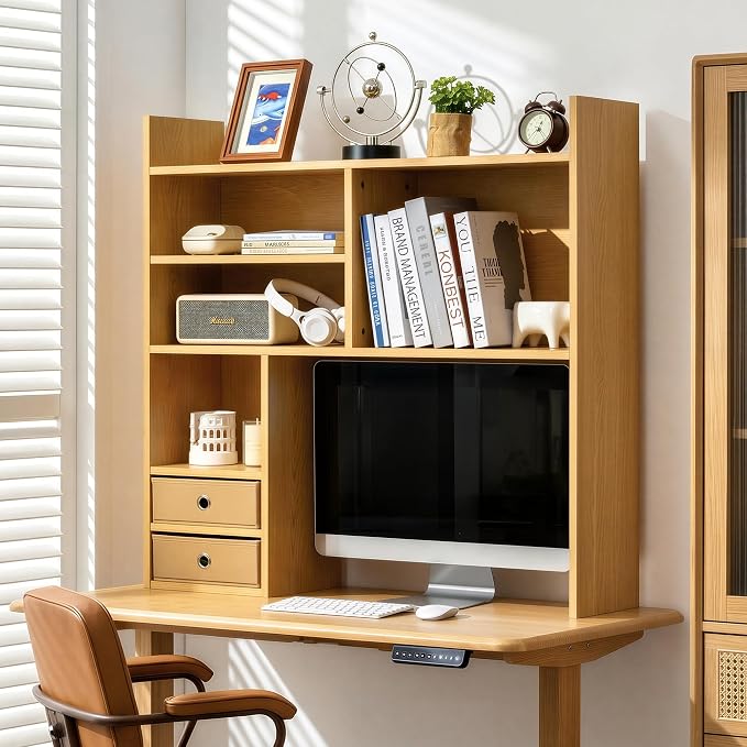 deli Desktop Bookshelf, High-Capacity Desk Hutch Organizer, Natural | with 7 Shelves and 2 Drawers for Computer Desk, Desk Shelf Organizer for Dorm Office Home