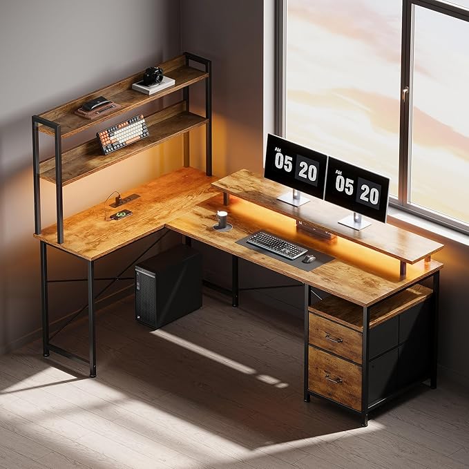 L Shaped Gaming Desk, Reversible with LED Lights, Shelves, Brown | Reversible, LED lights, Charging, Monitor stand