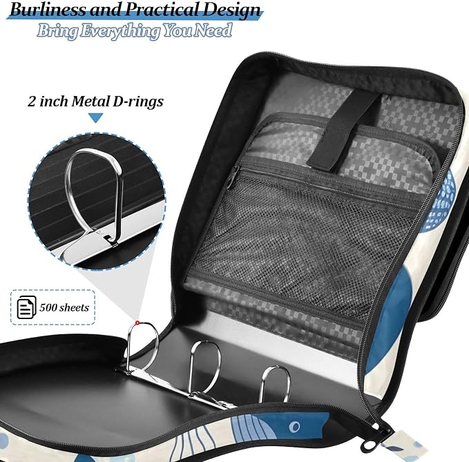 3 Ring Zipper Binder with Shoulder Strap Whales Jellyfish Blue Ocean 2 Inch Zippered Binder Bag 500 Sheet Capacity Multi Pockets for School Supplies