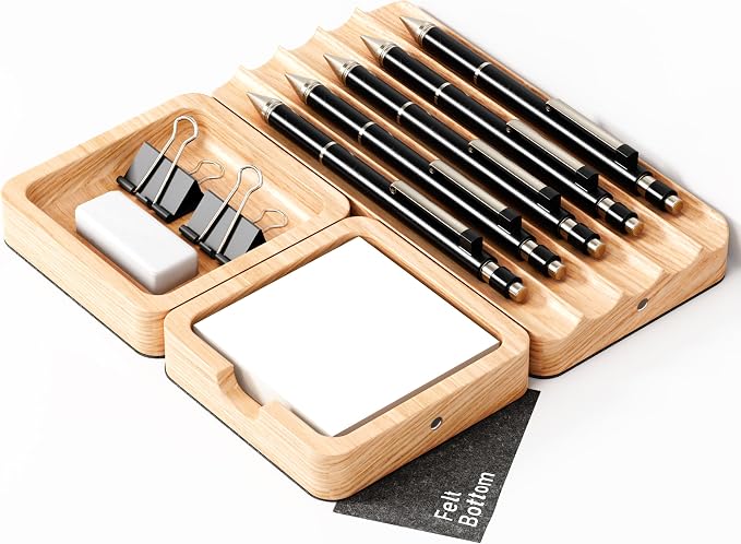 COREMINDED Modular Office Desk Organizer Tray Set - Solid Wood Desk Tray with Felt Lining - Desktop Organizer Wood Desk Accessories - Set A