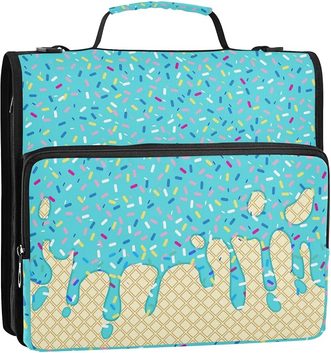 Teal Blue Ice Cream Print 3 Ring Binder Bag 1.5 inch Binder Organizer with Zipper Shoulder Strap 500 Sheet Documents Storage for School Office