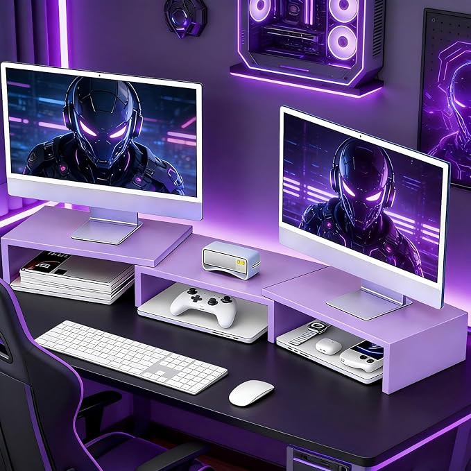 Desk Organizers and Accessories, Dual Monitor Stand Riser, Monitor Desk Shelf for Desktop Organization (Purple)