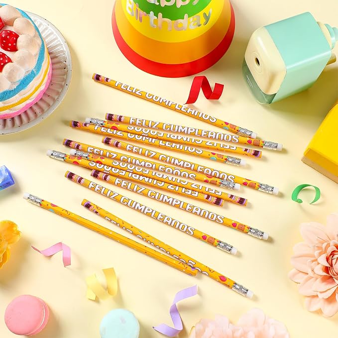 Tenceur 100 Pcs Feliz Cumpleanos Pencils Spanish Happy Birthday Pencils with Top Erasers Writing Materials Gifts for Birthday Party Supplies Reward Favors