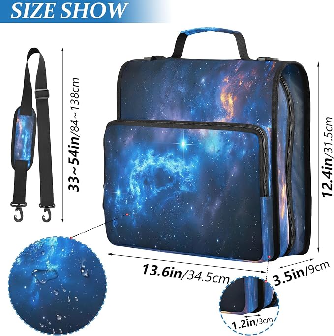 3 Ring Zipper Binder Galaxy Binder Organizer Portfolio with File and Shoulder Strap & Handle Large Capacity File Folder