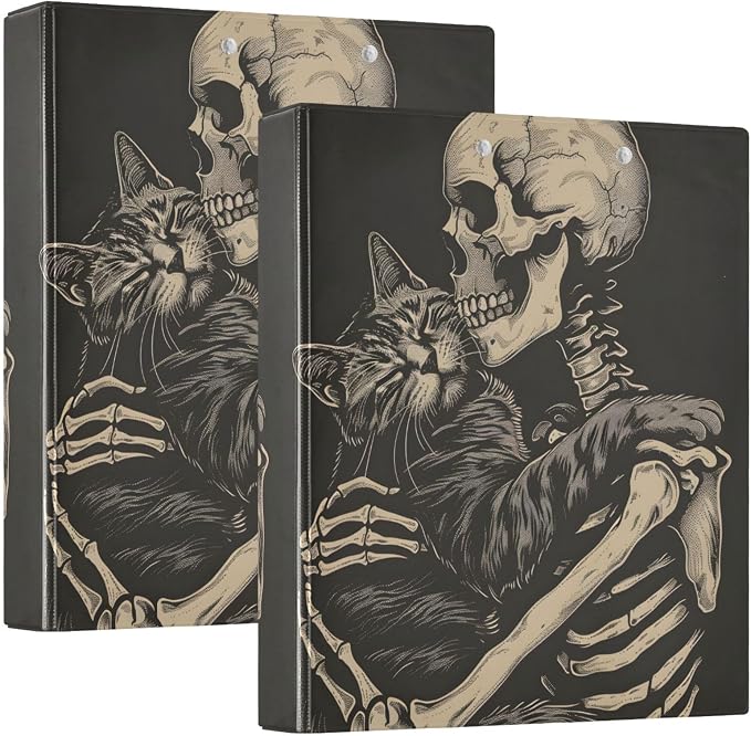 3 Ring Binder, Cat and Skeleton Skull File Folder Holds 200 Sheets File Storage for Women Men School Office Supplie