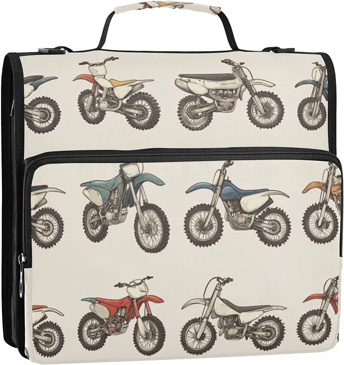 Fisyme Vintage Dirt Bikes Zipper Binder 3 Ring with Zipper and Shoulder Strap Large Capacity Multi-Pocket Binder Organizer