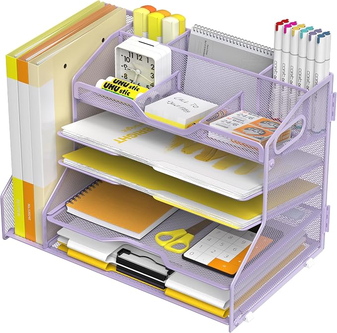 YINGHUA 5-Tier Mesh Desk Organizer and File Holder, Letter Tray - Purple | Sturdy steel mesh with 3 sliding trays, 2 handles, 6 adjustable top sections. U-shaped design for easy access to office files