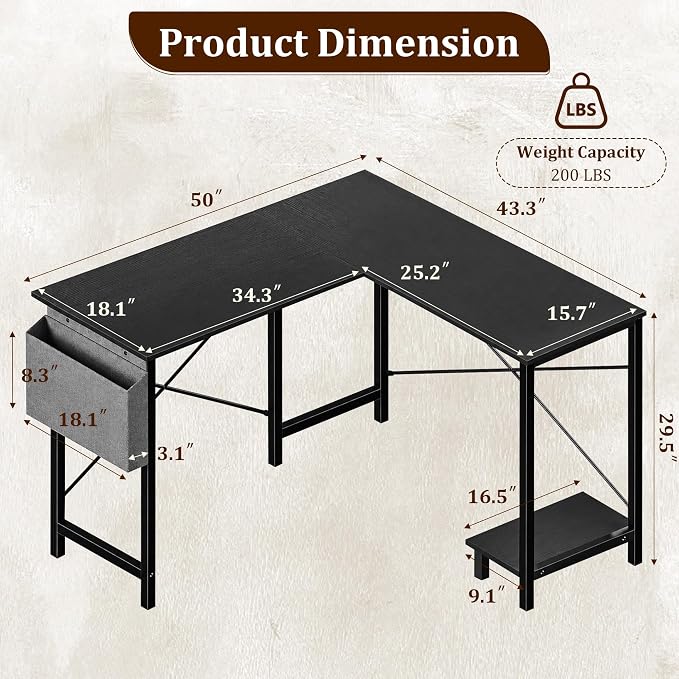 L Shaped Desk, 50 Inch Computer Desk Home Office Desk for Small Space Black | Gaming Table Corner Desk for Small Space with CPU Stand and Side Storage Bag, Sturdy Writing Workstation for Bedroom, Black