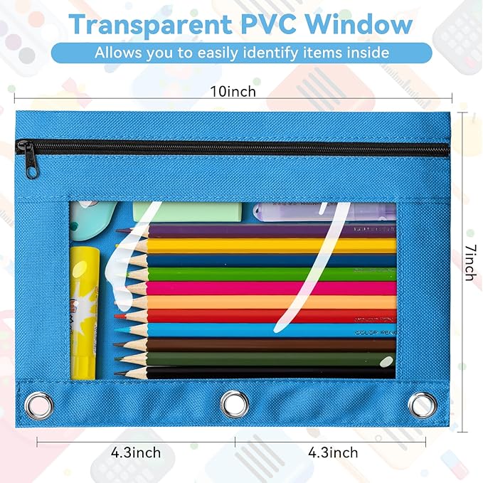 Pencil Pouch for 3 Ring Binder, Bulk 24 Pack 3-Holes Zipper Pencil Pouches in Assorted Colors, Sturdy and Durable Cloth Pencil Holder with Clear Window for Office School College Supplies