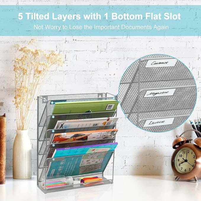 EasyPAG 5 Tier Wall File Holder, Mesh Hanging Folder Organizer with Classify Label, Versatile Desk File Holder, Vertical Wall Mounted Mail Organizer for Office Home Cubicle, Silver