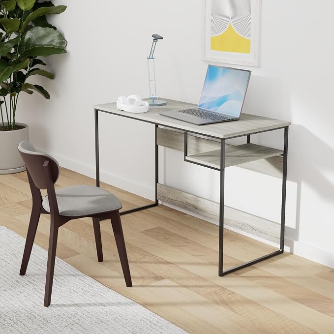 Furinno Moretti Lifestyle Study Desk, 45 Inches, French Oak Grey | with Lower Shelf, Open Frame, Rectangular, Gaming Desk, for Computer, Writing, for Home Office, Study Room, Dorm