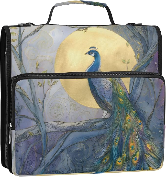 ALAZA Zipper Binder 3 Ring Peacock Moon Binder Organizer with Zipper and Shoulder Strap Large Capacity Multi-Pocket Trapper Keeper File Folder for Office Supplies