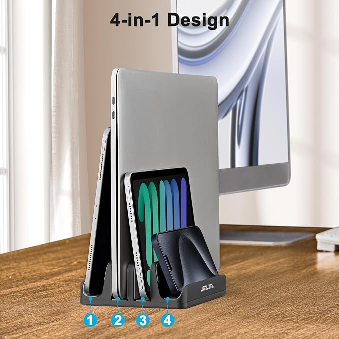 JARLINK 4-in-1 Adjustable Vertical Laptop Stand, Aluminum Holder, Black | Space-Saving Aluminum Laptop Holder, Compatible with All MacBook, Surface, Chromebook, Phone, and Gaming Laptops.