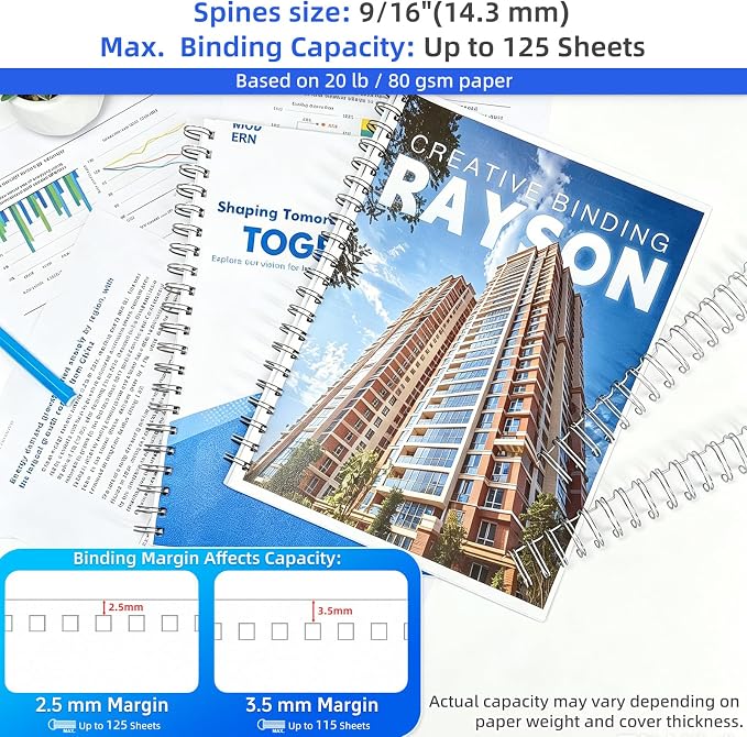 RAYSON Double Loop Binding Wire Spines, 9/16 Inch, 2:1 Pitch Binding Wires Capacity 125 Sheets, 21-Loops for Letter Size Paper, Silver Wire Binding Spiral Pack of 100
