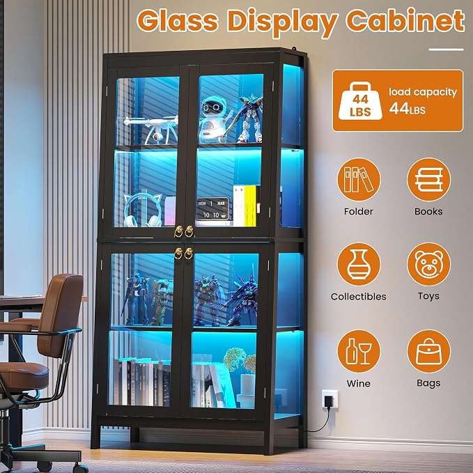 kepptory 65" Glass Display Cabinet with LED Light, Trapezoidal Display Case with 4 Tempered Glass Doors, Curio Storage Cabinet for Collectibles, Figures, Awards, Book and Toy (Black)