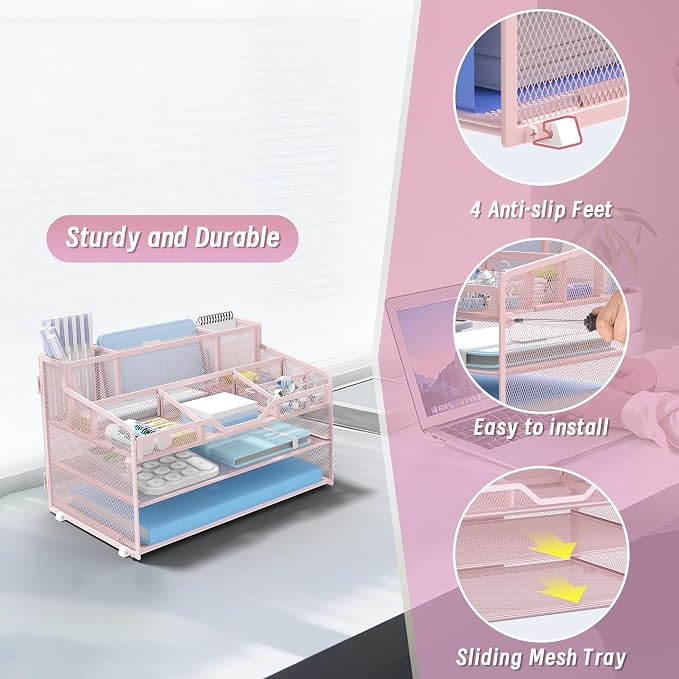 3 Tier Mesh Paper Desk Organizer with Pen Holders, Pink | Features 3 pen holders, and 5 adjustable compartments for office school home desk storage
