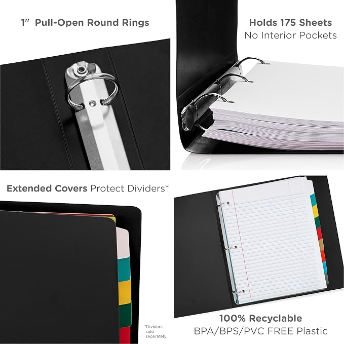 Premium Economy 3 Ring Binder, 1 Inch Pull-Open Round Rings, Holds 175 Sheets, Flexible, Lightweight, 4-Pack, Side Opening, Black