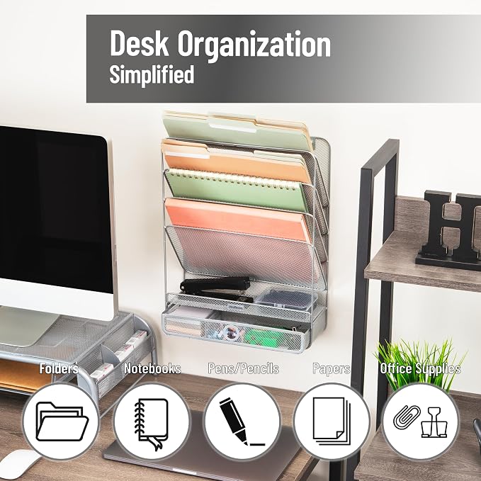 Mind Reader 4-Tier Vertical File Storage, Desktop Organizer, Wall Mount, Office, Metal Mesh, 12.5"L x 4"W x 16.5"H, Silver