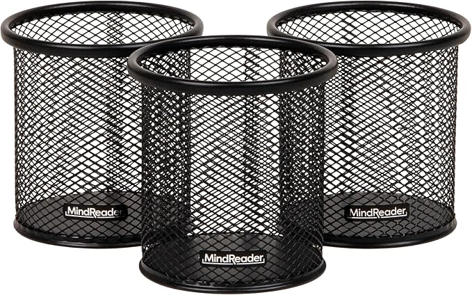 Mind Reader Pen and Accessories Holder, Desktop Organizer, Office, Metal Mesh, 3.5"L x 3.5"W x 3.75"H, Set of 3, Black