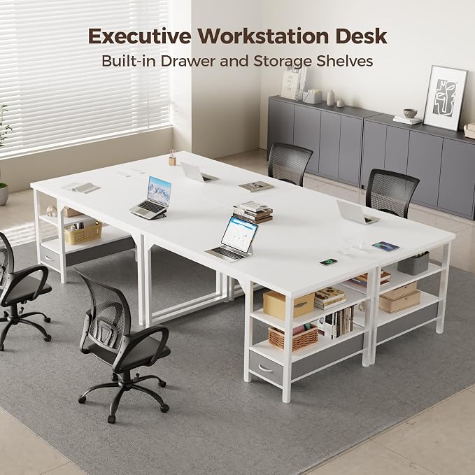 54" Computer Desk with Drawer, 1.2" Thick Reversible Office Desk | Modern Writing Table with Power Outlets & Storage Shelves, Heavy Duty Industrial Executive Desk for Home Bedroom Study Work