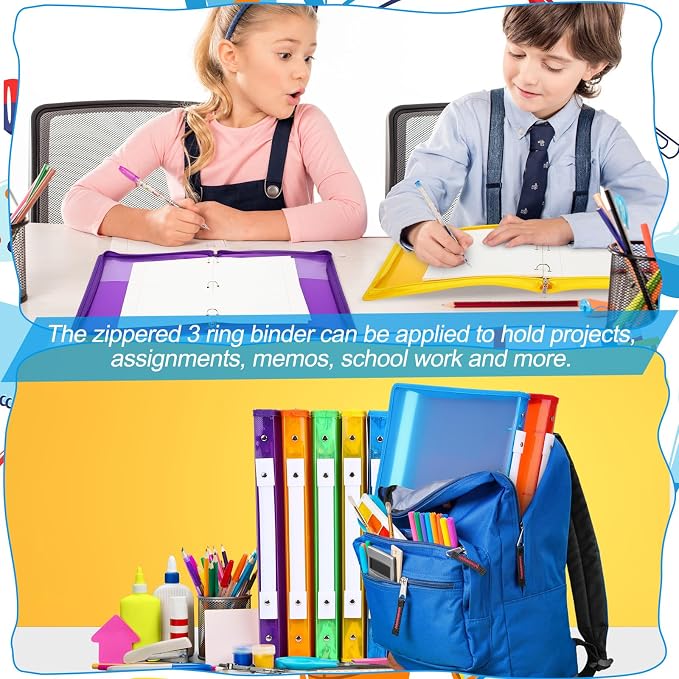 Fulmoon 6 Pack 1 Inch Zipper Binder, 3 Ring Binder with 2 Interior Pockets, Plastic Pencil Pouch, Expanding File Zippered Holds 8.5''x11'' for Projects, Assignments, Memos, School Work (Colorful)
