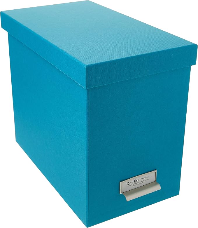 Bigso John Fiberboard Label Frame Desktop File Storage Box - Document Organizer for Important Paperwork - Durable Hanging File Box with a Lid & Metal Label Window - 7.36 x 13.38 x 10.51 in - Turquoise