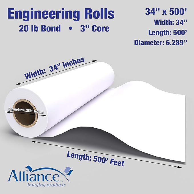 Alliance Wide Format Paper Rolls Bond Engineering (20lb | 2 Rolls, 34 In x 500 Ft | 3" Core)
