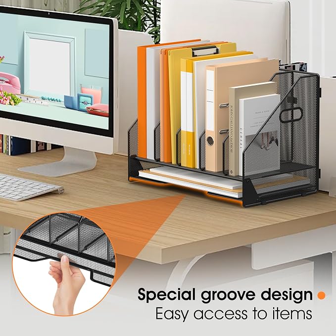 5 Vertical Mesh Desk Organizer with Paper Letter Tray, Black | Sorting racks with lower letter tray section. Multipurpose mesh desktop space saver for home office and school