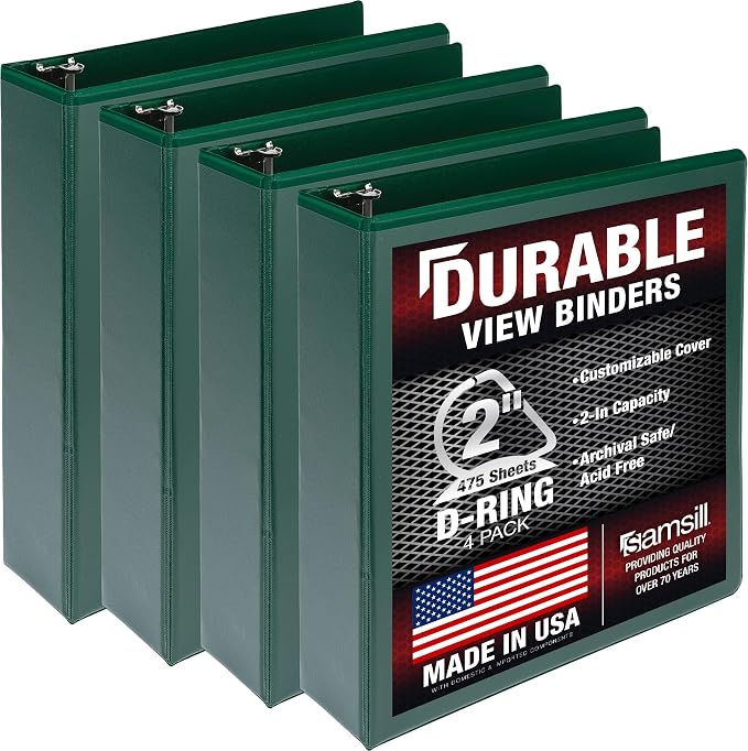 Samsill Durable 2 inch 3 Ring Binder, D Ring Binder, 100% Recycled Chipboard, Green, 4 Pack
