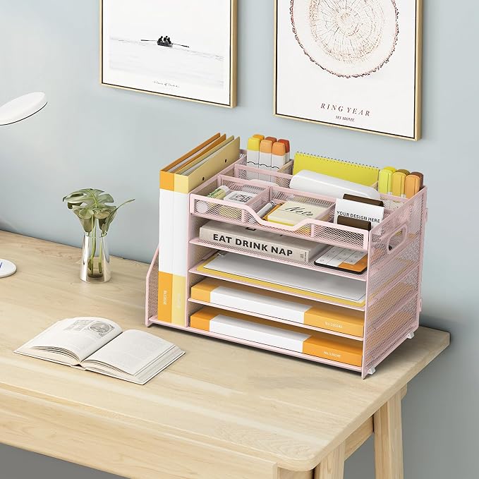 5 Tier Paper Letter Tray Desk Organizer with Pen Holders - Pink | Features 3 pen holders and 4 removable dividers.Versatile mesh desktop storage for mail, document,office supplie