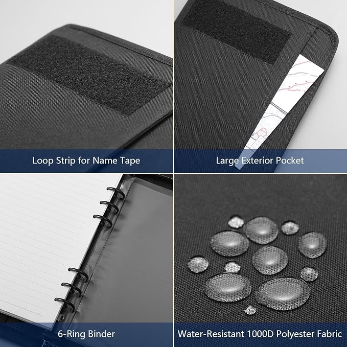 Kosibate Tactical Notebook Padfolio Ring Binder with 80 Sheets, Tactical Binder Zippered for Folders, Cards Refillable 6-Ring Notepad,Army Military Waterproof Notebook Cover(Black,7.3"x10.1")
