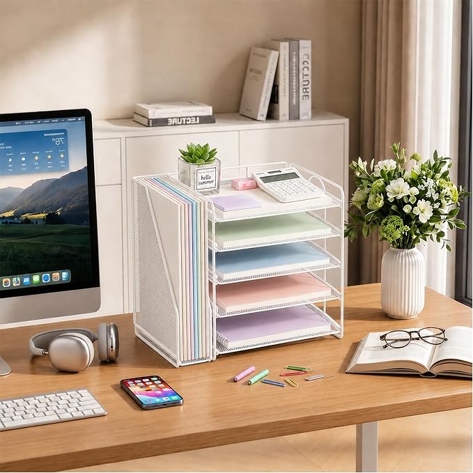Desk Organizer, 5-Tier Paper Organizer Letter Tray, White | Desk Organizers and Accessories, Office Desk Accessories & Workspace Organizers, Desktop File Organizer for Office Supplies