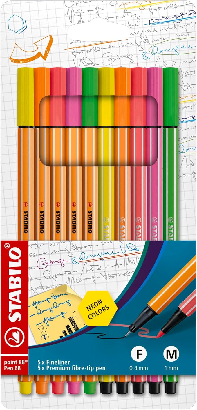 STABILO - Pen 68 & point 88 - Premium Felt Tip Pen & Fineliner - Pack of 10 - Assorted Neon colors