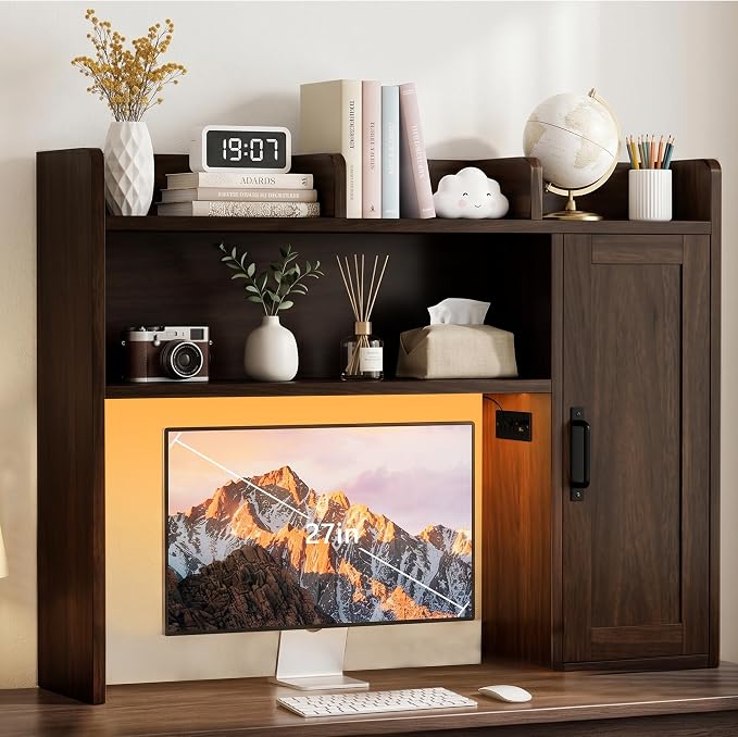 Desktop Bookshelf, Desk Hutch with RGB LED Lights & Power Outlets | 37" Desk Hutch Organizer with Storage Cabinet Desktop Storage Shelf for 27" Monitor, Tabletop Bookcase for Dorm Office Home