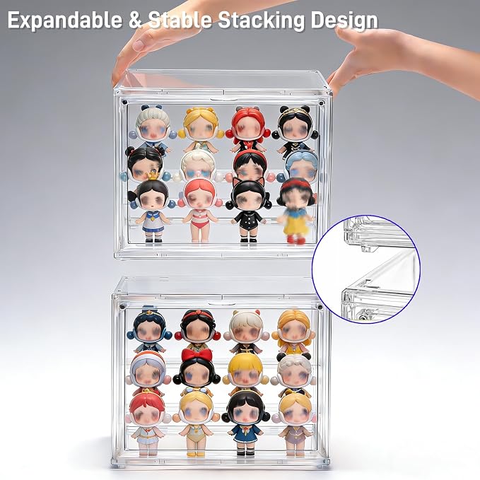 2 Pack Clear Acrylic Display Case, 3 Tier Small Adjustable Display Box, Collectible Showcase with Magnetic Door, Figure Storage Shelf, Stackable Purse Organizer for Closet, Book, Cosmetic